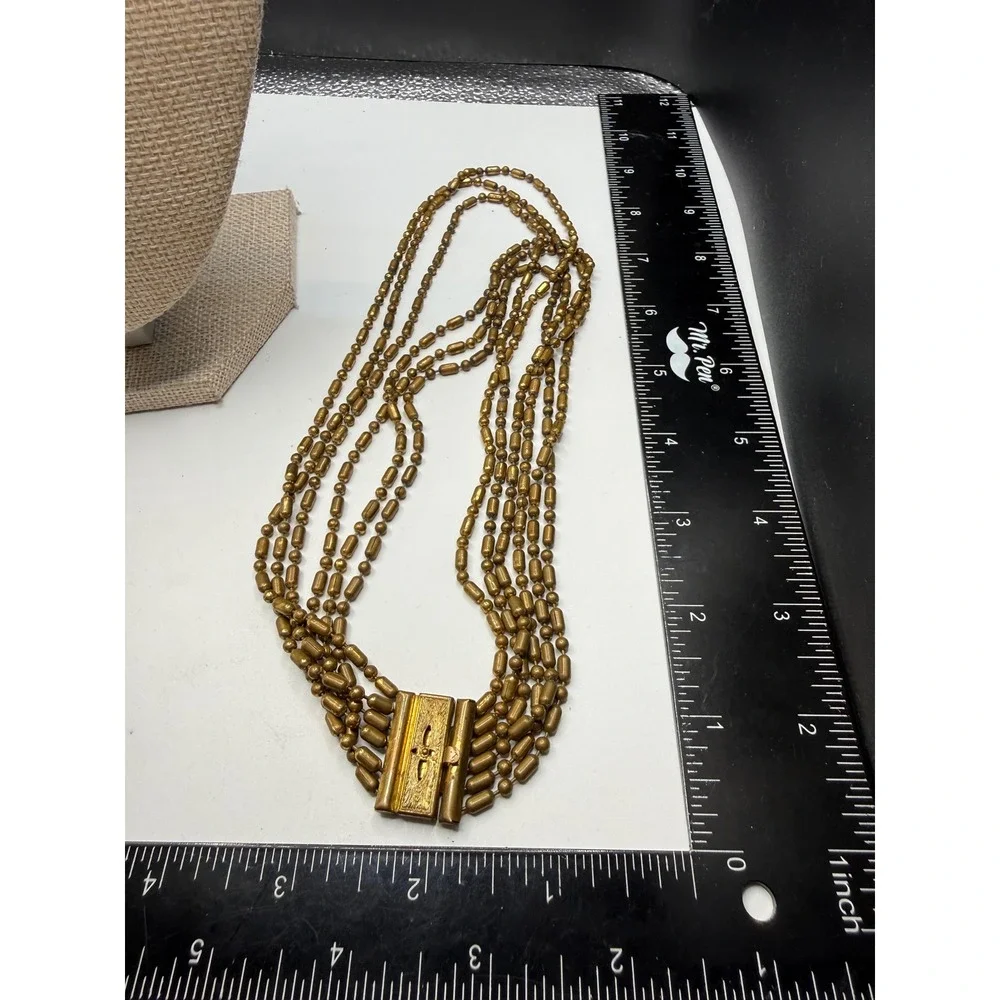 Vintage Multi Strand Brass Bead Necklace 5 Tier Layered Barrel Ball Chain 16in